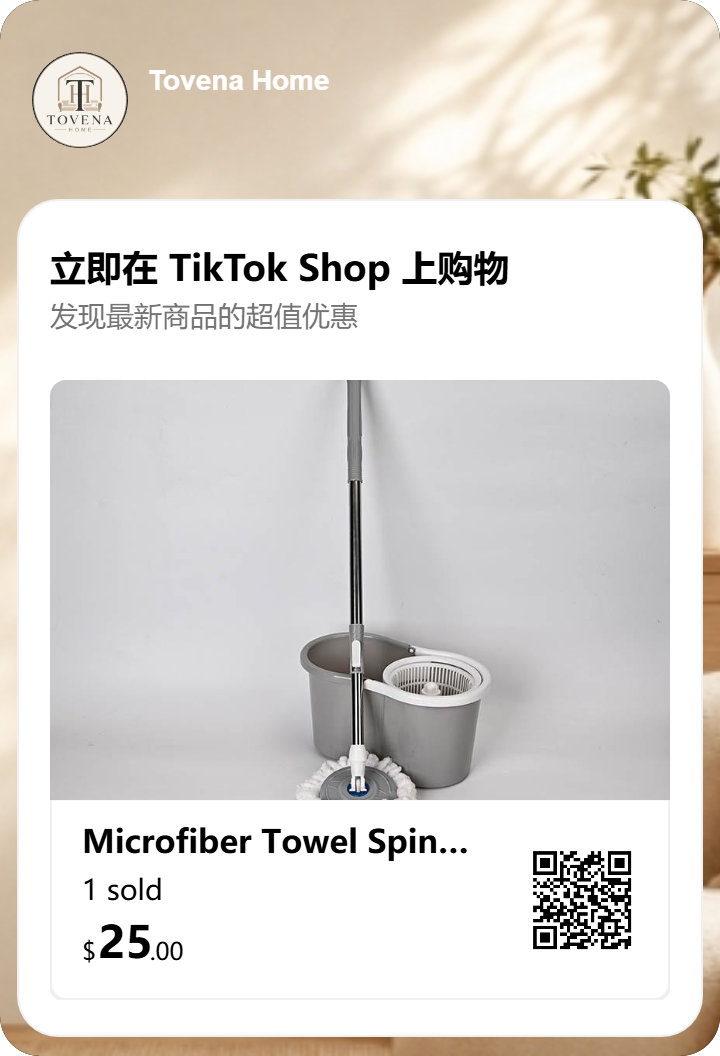 Tovena Home TikTok Shop promotion with a spin mop and QR code